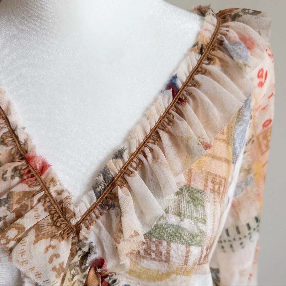 Anthropologie Tiny Bohemian‎ Patchwork Ruffle Blouse Multi-Color Size Small